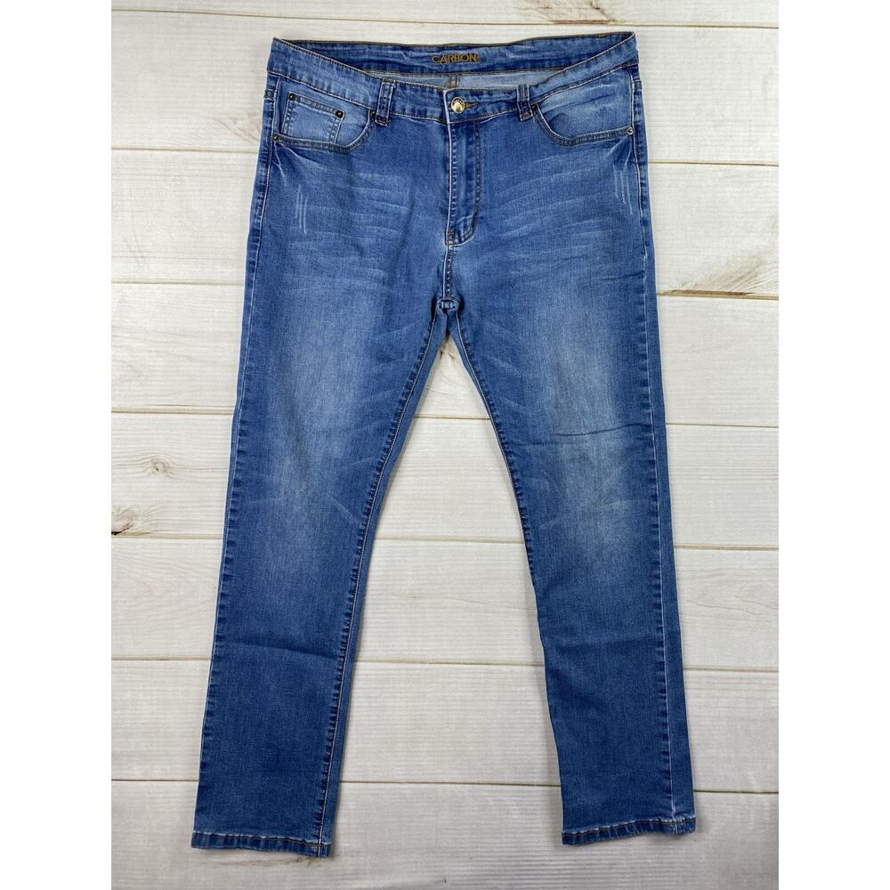 Carbon Jeans Mens 38x32 Blue Distressed Denim Straight Freedom Flex Comfort